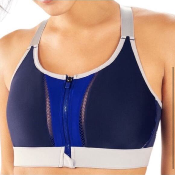 Fabletics Zoe High Impact Zip Front Cross Back Strap Sports Bra Blue/Grey - Picture 3 of 12